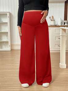 SHEIN 孕妇休闲纯色可调节腰围裤 - 紅色 - 查看 6