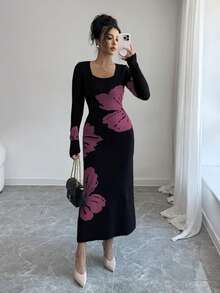 Elenzga Gaun Sweater Bodycon Rajut Jacquard Leher Persegi - Purple - View 5