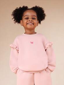 SUMWON 女童荷叶边袖蝴蝶印花卫衣和运动裤套装，休闲度假装 - 粉色 - 查看 3