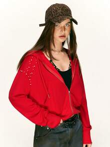 Rina Fox 女式插肩袖连帽抽绳休闲铆钉运动衫 - 紅色 - 查看 3