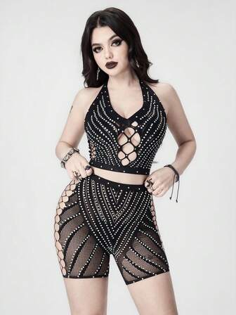 Ensemble de lingerie pour femmes avec culotte gothique à lacets croisés et Top en maille avec strass