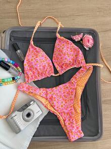 Swim Mod Springbreak 女式可爱性感印花双面三角比基尼泳装套装，侧系带泳裤，可调节两件套海滩度假装，波西米亚风 - 彩色 - 查看 3