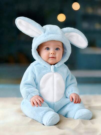 SHEIN Playful Pals Newborn Plush Fabric Hooded Romper With Cute 3D Rabbit Ears, Long Sleeve Long Pants Winter Outfit For Kids