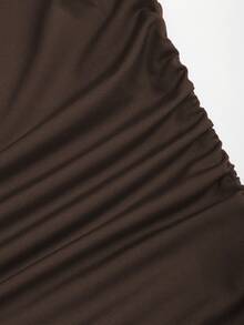 SHEIN PETITE Vestido vintage de manga larga, cuello alto y cintura fruncida en color rojo para mujer, otoño/invierno - Café - Ver 6