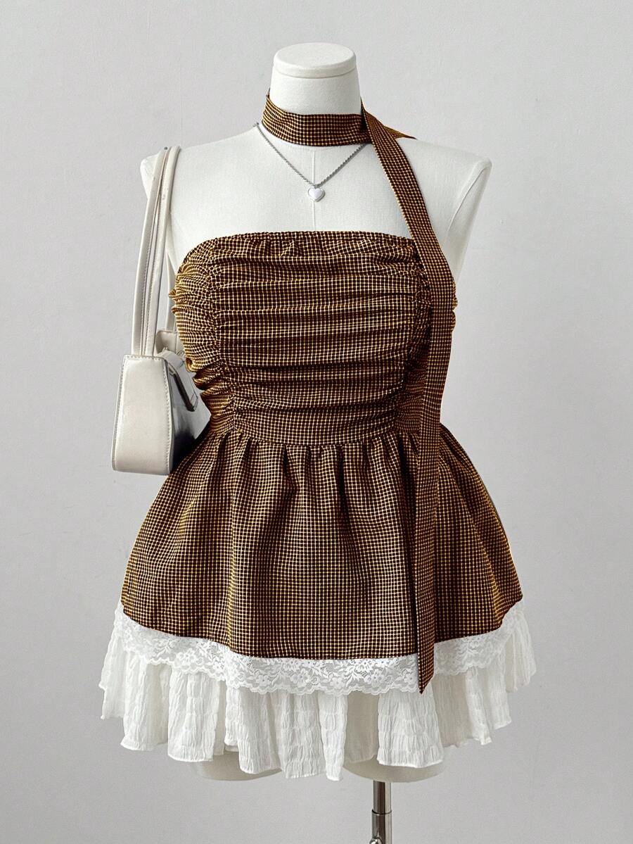 Sunspun 蕾丝下摆露脐上衣，格纹肩带细节