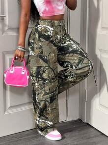 Slaydiva Women's Straight Leg Jeans, Loose Camouflage Straight Leg Trousers, Cargo Bag Trousers, Street Style, Everyday Wear, Y2K Trousers Babyphat Women Overalls Low Rise Jeans - Multicolor - View 1