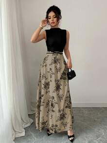 Elenzga 女士度假音乐节黑色针织罗纹拼接玫瑰印花系腰连衣裙 - 卡其色 - 查看 4