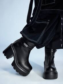 Sugerpunk 2025 朋克风格 PU 皮革圆头中筒靴，厚底，系带，马靴，超高筒靴，秋季/春季 - 黑色 - 查看 3