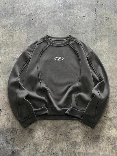 EASEVO Plus Size Men's Geometric Print Crew Neck Long Sleeve Casual Pullover Sweatshirt Grey Sweatshirt Crew Neck Sweatshirt Mens Sweatshirts