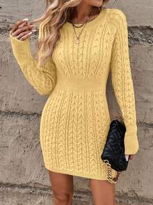 EMERY ROSE Women's Casual Knitted Dress With Cable Pattern, Round Neck, Long Sleeve, Suitable For Autumn/Winter - Yellow - View 6
