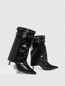 CUCCOO SZL Nuevas botas de media pantorrilla para mujer de tacón de aguja puntiagudo, con cremallera lateral, hebilla con ojal y versátiles y sexys, en color negro - Negro - Ver 3