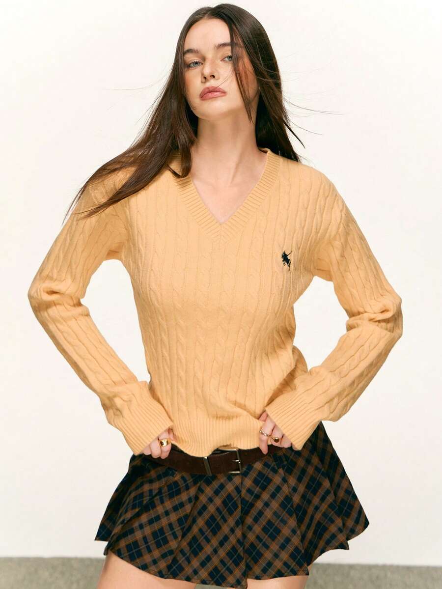 INAWLY 女式休闲粗针织刺绣V领毛衣,秋冬 - 黃色 - 查看 1