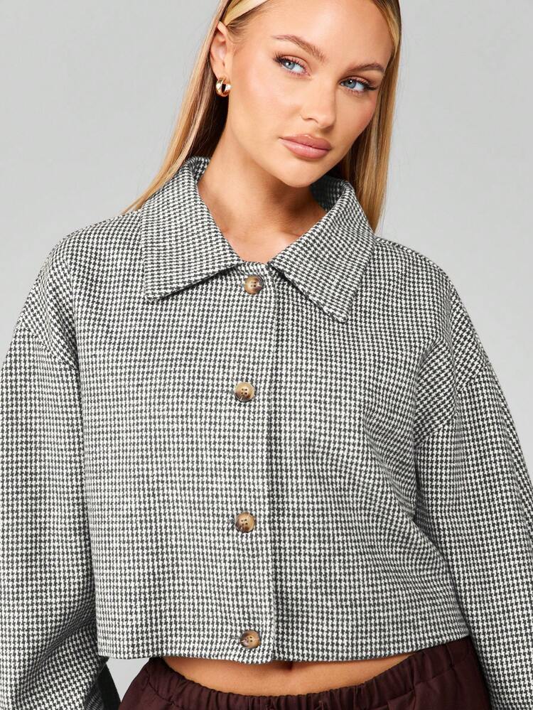 MISSGUIDED Cropped Houndstooth Pattern Button Front Collared Jacket For Fall Winter Layering