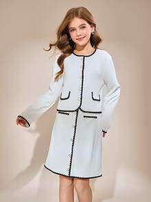 SHEIN Tween Girl Contrast Trim Round Neck Drop Shoulder Long Sleeve Button Front Casual Top & Skirt Set - White - View 5