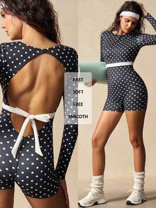 VARSIVA Women's Polka Dot Print Open Back Tie Design Long Sleeve Jumpsuit Shorts - Black and White - View 9