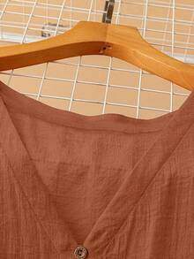 Linhara Plus Size Women Solid Color Button Design Lantern Sleeve Casual Blouse - Orange - View 5