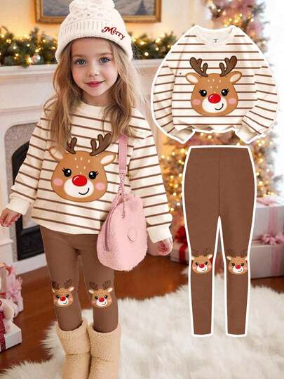 奶油白与卡其色条纹，可爱的圣诞卡通驯鹿图案，年轻女孩休闲柔软厚圆领长袖运动衫和紧身裤套装，适合秋冬日常穿着，圣诞节，舒适的季节，圣诞礼物，秋冬服装，轻松舒适，女童秋冬分层装，时尚女孩，休闲装，儿童图案服装，秋冬服装，新款
