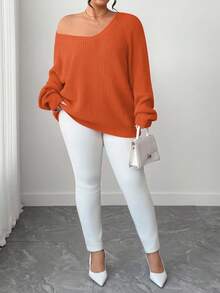 SHEIN Tall CURVE Plus Size Casual V-Neck Raglan Long Sleeve Pullover Sweater - Orange - View 4