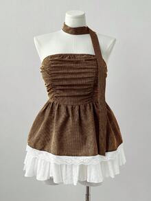 Sunspun 蕾丝下摆露脐上衣，格纹肩带细节