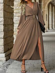 EMERY ROSE Women Solid Color Surplice Neck Lantern Sleeve Elastic Waist High Slit Dress Maxi Women Outfit - Mocha Brown - View 7