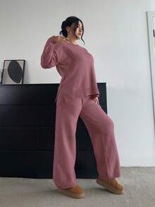 Flirla 柔软舒适修身百搭休闲阔腿裤和长袖针织衫套装 - 粉色 - 查看 4