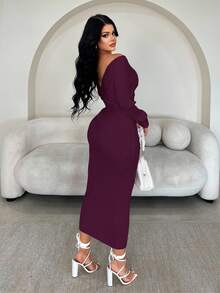 SHEIN SXY 女士性感优雅白色 V 领露肩长袖修身毛衣裙，适合日常穿着、办公室、约会、休闲、派对、感恩节、圣诞节白色中长裙白色长袖连衣裙白色紧身连衣裙罗纹中长裙秋冬 - 紫色 - 查看 2
