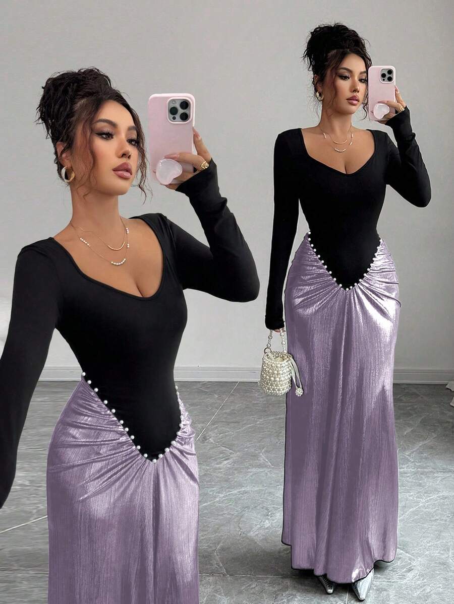 Elenzga Women's Solid Color Patchwork Long Sleeve Dress - Mauve Purple - View 1