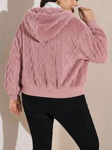 Comfylo 秋冬季加大码加厚双层抓绒连帽保暖外套 女款秋季几何图案双面连帽抓绒假日外套 - 粉色 - 查看 3