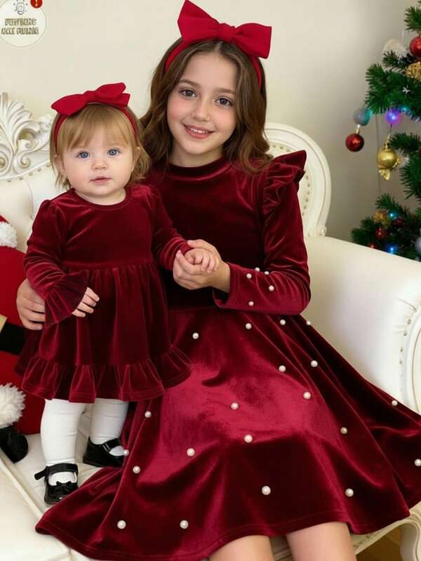 Elegant Burgundy Velvet Long Sleeve Dress, Babygirl