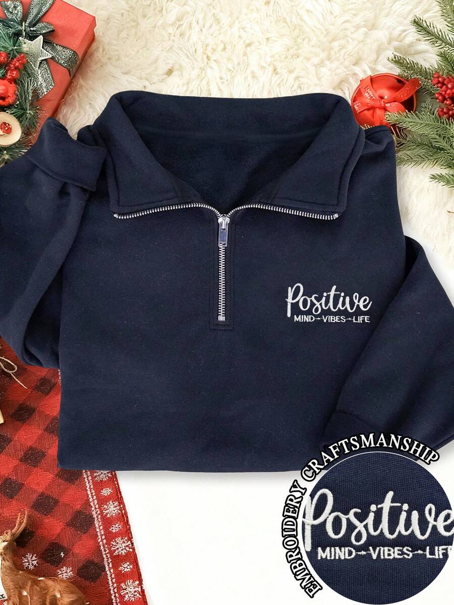 INAWLY 女士Positine Mind Vibes Life刺绣半拉链长袖抓绒卫衣，休闲百搭，适合秋冬季、返校季、新年等场合。 - 藏蓝色 - 查看 1