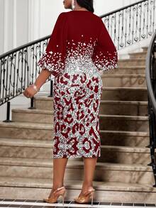 SHEIN Lady 春夏优雅通勤办公室豹纹仿钻针织圆领铅笔喇叭袖中长袖大码连衣裙女夏装女装夏装女装大码夏装 - 彩色 - 查看 2