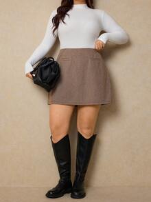 Elaquor Spódnica w kratę w dużym rozmiarze, swobodna/do pracy, jesień/zima - Kawowy brązowy - Zobacz 6