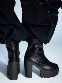 Sugerpunk Women's Black Formal Work Shoes Lace-Up Chunky Heel Goth Boots, Side Zipper Punk Rock Motorcycle Boots, Low Heel Party Dress Shoes, Ankle Boots And Short Boots For Christmas - Black - View 6