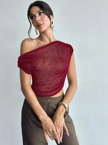Firerie 女士优雅浪漫约会度假休闲通勤百搭亮片提花纹理不对称领修身衬衫，夏季 - 酒紅色 - 查看 5