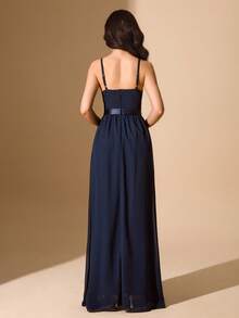 Vestido de malla con contraste de lentejuelas y cintura ceñida, adecuado para bodas, galas, actuaciones, fiestas de cumpleaños, Navidad para adolescentes - Azul Marino - Ver 2