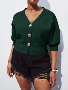 Maija Plus Size Women Floral Button Dropped Shoulder Knit Sweater, Elegant For Urban Commute, Business, Casual, Christmas, New Year Party