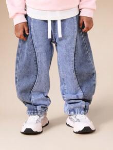 SUMWON 儿童宽松版型抽绳腰带牛仔慢跑裤，带弹性裤脚，适合度假穿着 - 中等水洗藍 - 查看 1