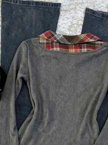 INAWLY Lässiges Damen-Top mit Karomuster und ausgestellten Ärmeln (2-in-1) - Grau - Übersicht 3