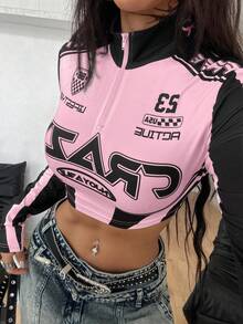 Coolane Tops de cuello alto de ajuste ceñido con mangas, de tela elástica de punto con gráficos, para el día del juego, estilo urbano para mujer - Rosa - Ver 5