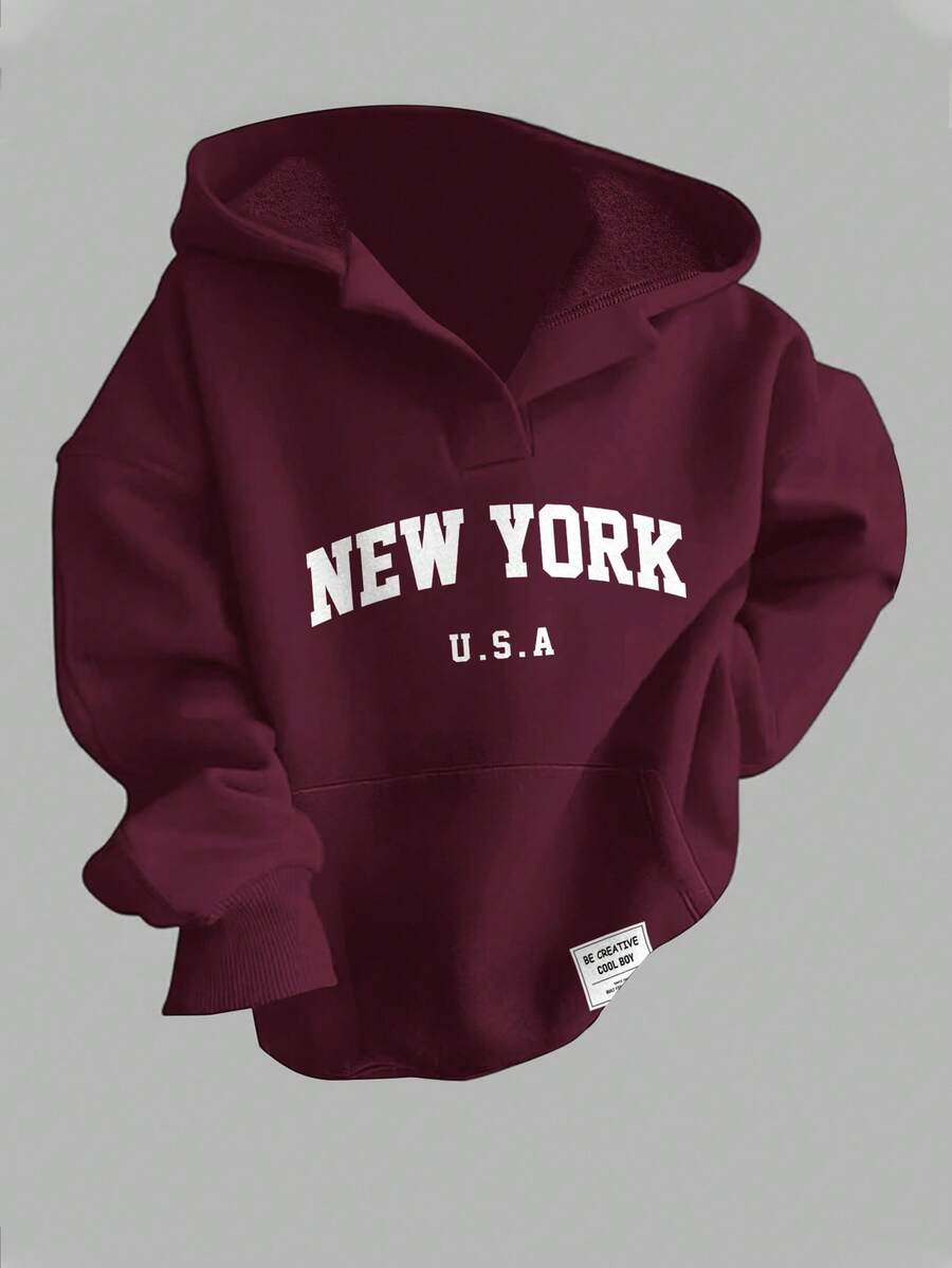 SHEIN EZwear EZwear 女士休闲宽松长袖连帽卫衣，紫红色，饰有纽约字母印花和口袋，适合秋冬季穿着。 - 中紫紅色 - 查看 1