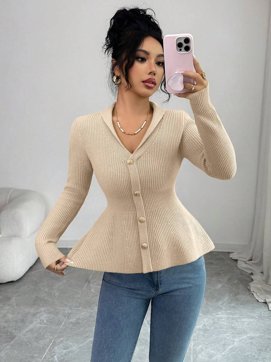 Elenzga كارديجان مزيف أنيق ومصقول، كنزة صوفية طويلة الأكمام باللون الأزرق الداكن، خريف/شتاء - لون مشمشي - مشاهدة 1