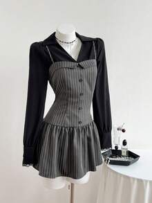 Elamini Women's Elegant Outfit, Casual Daily Wear, Versatile Commute, Black Long Sleeve Shirt With Adjustable Strap, Striped Short Dress, 2-Piece Set, Autumn/Winter - Multicolor - View 1