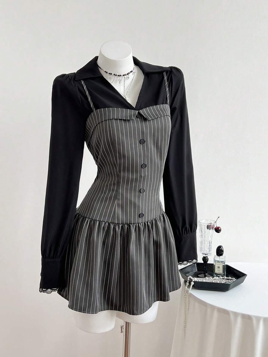 Elamini Women's Elegant Outfit, Casual Daily Wear, Versatile Commute, Black Long Sleeve Shirt With Adjustable Strap, Striped Short Dress, 2-Piece Set, Autumn/Winter - Multicolor - View 1