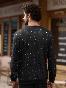 HIMLAND 男士休闲仿水钻印花套头卫衣，秋季在线水钻长袖卫衣派对上衣，适合全袖卫衣 - 黑色 - 查看 3