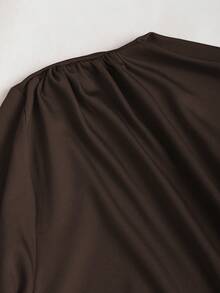 SHEIN PETITE Vestido vintage de manga larga, cuello alto y cintura fruncida en color rojo para mujer, otoño/invierno - Café - Ver 4