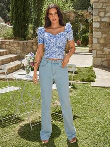 KARISMINA 简约蓝白印花T恤，休闲时尚，日常穿着 - 藍白色 - 查看 3