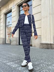 SHEIN Set jachetă și pantaloni în carouri pentru fete preadolescente, ținută casual versatilă, la modă, de zi cu zi