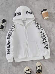PAVTROS 男童字母印花插肩袖拉链休闲卫衣，秋冬季 - 白色 - 查看 9