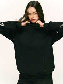 2 件套女士休闲星星印花口袋连帽衫和裤子套装，秋季 - 黑色 - 查看 4