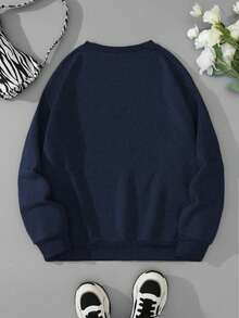 INAWLY Fall Vintage Contrast Slogan Embroidered Crew Neck Contrast Pattern Sweatshirt, Wife's Gift - Navy Blue - View 2